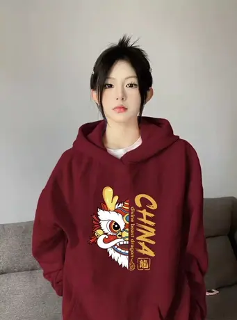 大码胖mm宽松龙年连帽卫衣女加绒ins潮复古风上衣冬季闺蜜装外套商品大图