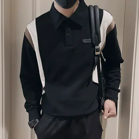 春季翻领撞色POLO卫衣男ins小众轻熟休闲上衣韩版长袖T恤男装外套商品大图