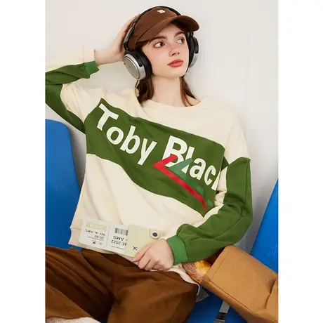 a022024春款撞色面料圆领长袖上衣撞色印花宽松女式卫衣图片