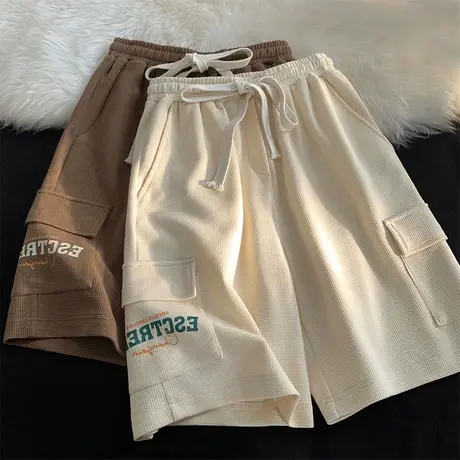 华夫格运动短裤女夏季薄款复古日系宽松直筒设计感篮球工装五分裤图片