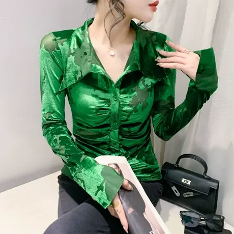 春秋2024新款POLO领时尚洋气丝绒衬衫褶皱开叉长袖修身显瘦上衣女图片