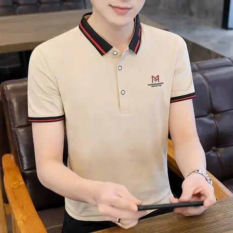 2022夏季新款翻领短袖t恤男士百搭刺绣polo衫纯棉修身保罗衫衣服商品大图