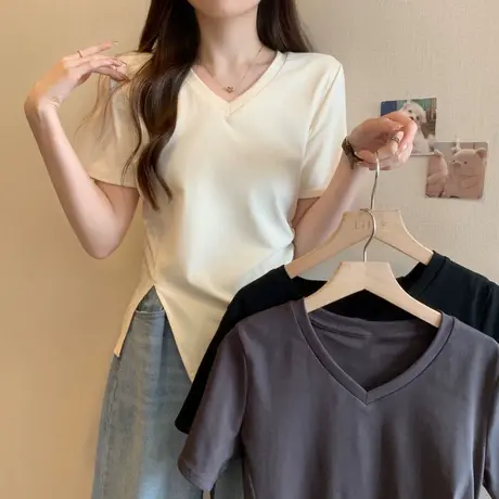 小众别致设计感半袖T恤女夏季外穿修身打底衫开叉下摆短袖上衣潮商品大图