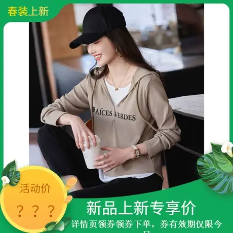 时尚长袖T恤2024年春季新款女百搭休闲连帽拼接假两件套头上衣图片