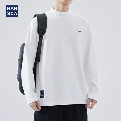 hansca 半高领双面德绒长袖t恤男秋冬纯色字母刺绣保暖内搭打底衫商品大图