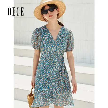 Oece夏装新款女装 复古优雅小碎花连衣裙V领女神范裙子图片