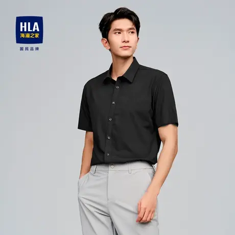 HLA/海澜之家花纹短袖休闲衬衫2024春夏新款尖领时尚有型黑衬衣男商品大图