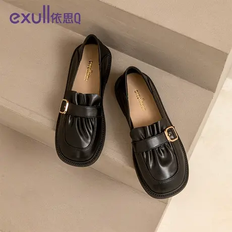 exull/依思Q圆头女鞋厚底扣带皱面小皮鞋2023新款冬季不累脚单鞋商品大图