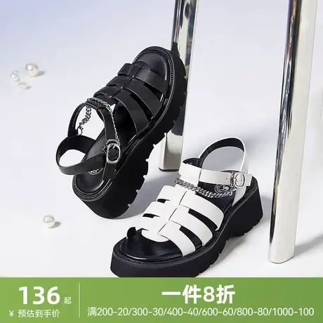 骆驼女鞋夏季新款经典真皮猪笼鞋罗马凉鞋女粗跟厚底凉鞋女图片