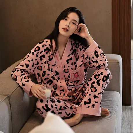 婷美豹纹睡衣女春秋季纯棉长袖开衫休闲宽松大码家居服套装秋冬款图片