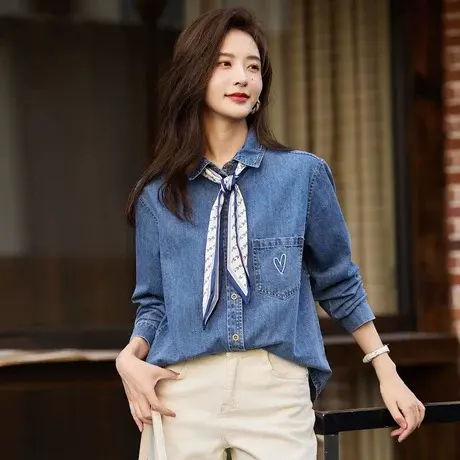 时尚气质职场2023年秋季新款女装牛仔蓝百搭可拆卸丝巾长袖衬衫商品大图