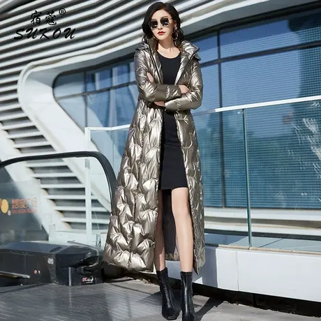 高端奢华金色亮面羽绒服女长款2023年冬季新款淑女过膝收瘦到脚踝图片