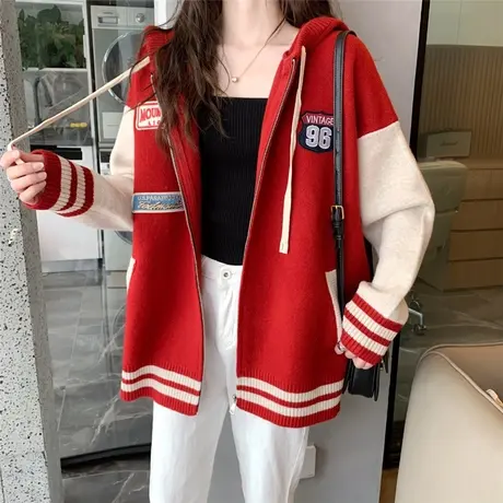 毛衣外套女连帽开衫秋季2023年新款女学院风棒球服针织衫上衣女潮商品大图
