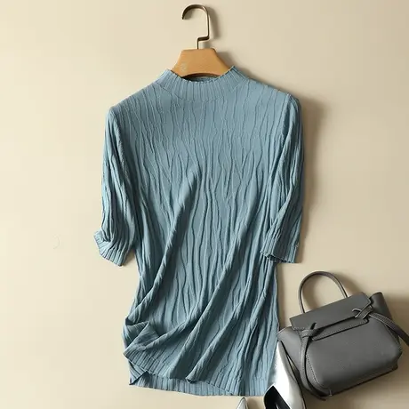 春装2023年新款冰丝针织打底衫女装薄内搭半高领上衣宽松短袖t恤商品大图