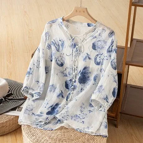 享永子七分袖印花苎麻上衣女夏文艺复古宽松气质棉麻小衫2023新款商品大图