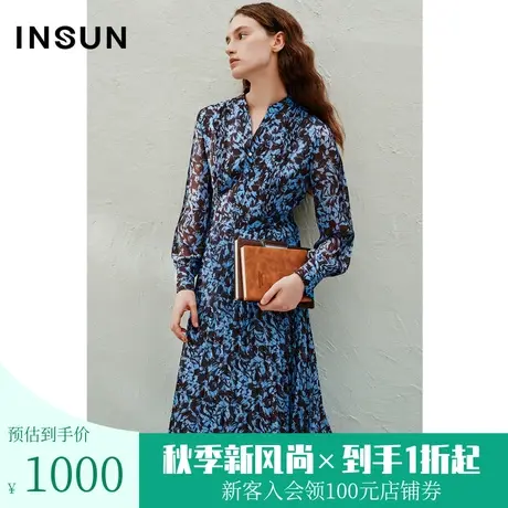 恩裳2023春季新款仿真丝东方韵味印花连衣裙立领压褶裙子图片