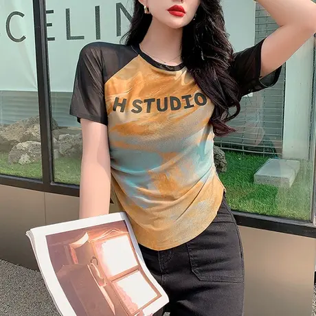 欧货时尚印花网纱T恤女短袖夏季2023新款别致洋气上衣修身小衫潮商品大图