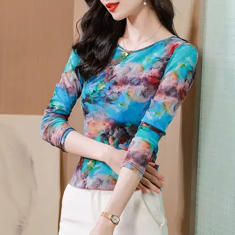 早秋雪纺打底衫女长袖2023新款气质妈妈装时尚漂亮印花网纱上衣潮商品大图