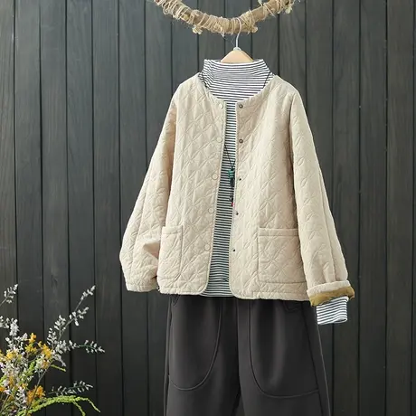 文艺复古夹棉棉衣女外套宽松圆领加棉棉服冬季新款薄款外穿小棉袄图片