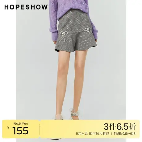 红袖outlets千鸟格鱼尾短裙hopeshow2022冬季款波点蝴蝶结半身裙图片