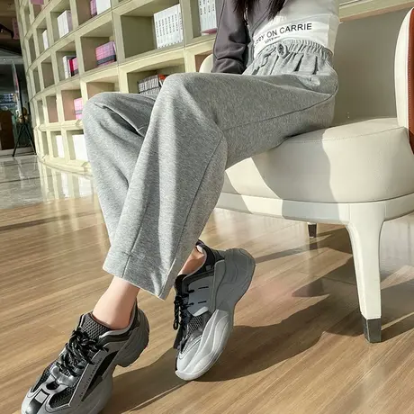 灰色直筒运动裤女春秋新款高腰垂感直筒宽松显瘦九分小个子休闲裤图片