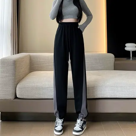 黑色阔腿运动裤女春秋2023年新款高腰宽松休闲显瘦拼接束脚卫裤潮商品大图