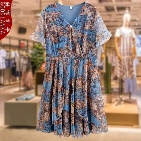 中年妈妈夏装连衣裙2022新款大码阔太太碎花洋气荷叶边短袖连衣裙图片