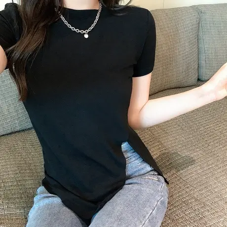 日系简约文艺范风2023夏季女士棉质短袖T恤侧开叉纯色女上衣商品大图