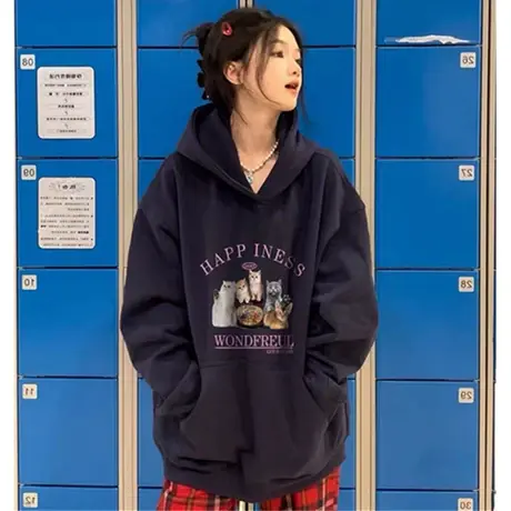 美式复古oversize潮牌卫衣女2023春秋薄款宽松慵懒风上衣连帽外套商品大图