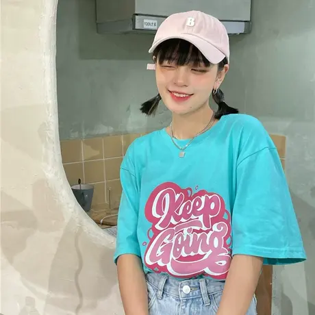 红续原创字母百搭宽松小众设计感盐系新款纯棉短袖T恤女上衣ins潮商品大图