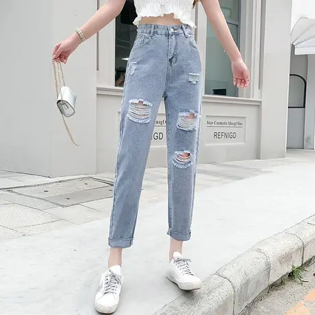 夏季薄款破洞牛仔裤女2023新款bf直筒宽松老爹裤高腰九分萝卜裤子图片