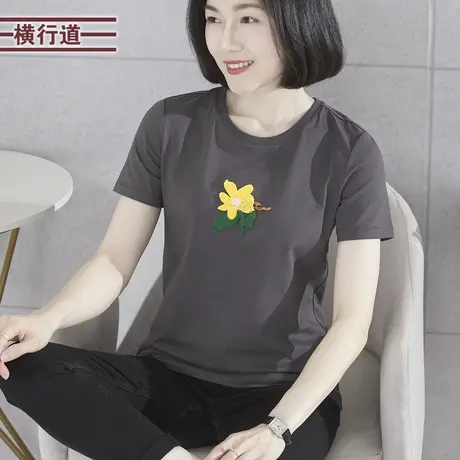 纯色简约圆领创意牙刷绣撞色短袖T恤女装大码2023夏季新款上衣服商品大图