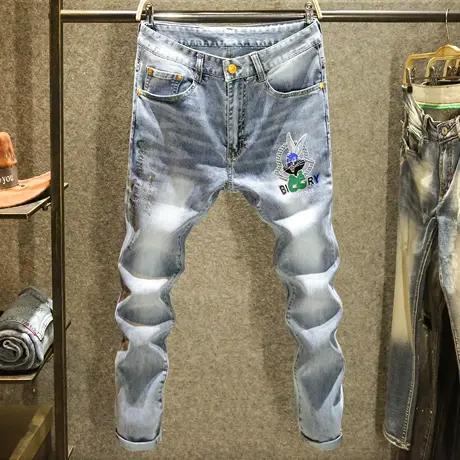 欧洲站烫钻休闲牛仔裤男款高端潮流时尚长裤子夏季薄款修身小脚裤商品大图