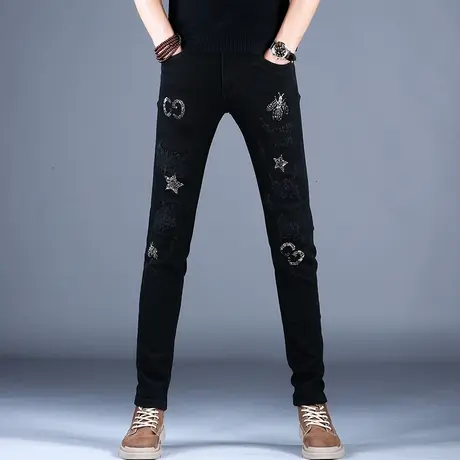 破洞烫钻黑色牛仔裤男款百搭轻奢潮牌2023新款裤子男秋款修身小脚商品大图