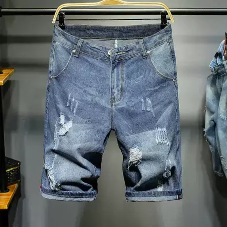 夏季男士宽松大码牛仔短裤加肥加大中裤潮男破洞休闲五分哈伦商品大图