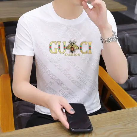 夏季冰丝短袖t恤男装圆领潮牌高端名牌格子烫钻半袖体恤衫男薄款T商品大图