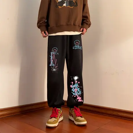 裤子男春秋季2024新款ins潮牌宽松运动卫裤涂鸦美式高街休闲长裤商品大图