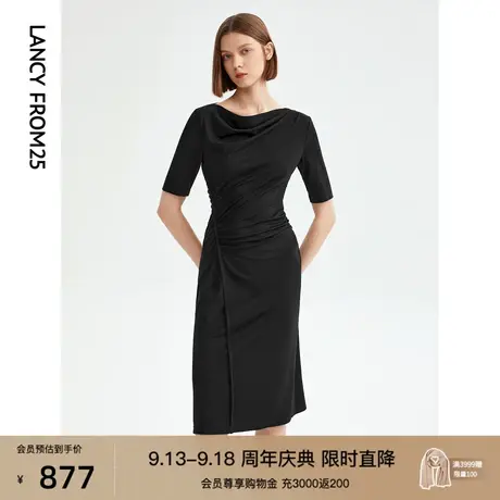 朗姿法式气质别致一步裙显瘦黑色长款荡领连衣裙女2023年夏季新款商品大图