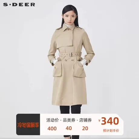 sdeer圣迪奥女装英伦风翻领双排扣收腰长款风衣S21381821商品大图