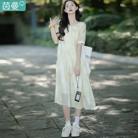 茵曼官方旗舰店独特连衣裙女2023年新款夏季法式休闲裙子a字长裙图片