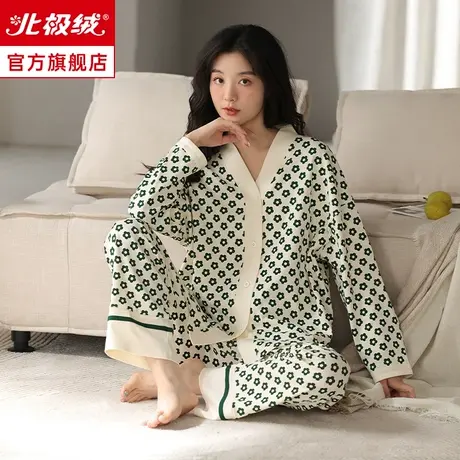 纯棉长袖睡衣女春秋款大码宽松可外穿简约少女夏季家居服两件套装商品大图