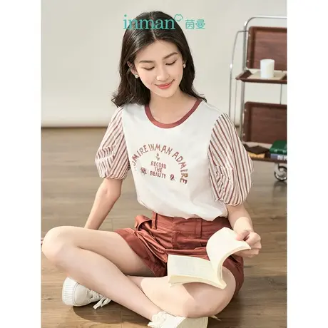 【商场同款】茵曼拼接泡泡袖T恤2023秋季女装新款圆领印花上衣图片