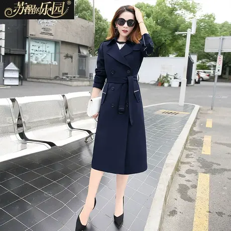 风衣女中长款2018春秋季女装新款双排扣英伦外套藏蓝色时尚西装领商品大图