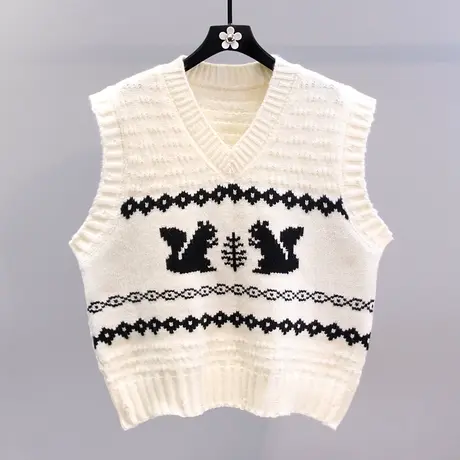 卡通提花V领针织马甲女秋冬2023新款日系复古学院风无袖毛衣背心商品大图