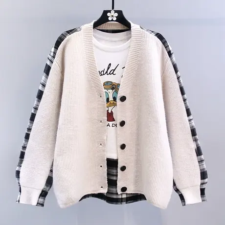 慵懒风格子衬衫拼接毛衣外套女秋冬2023新款宽松休闲V领针织开衫图片