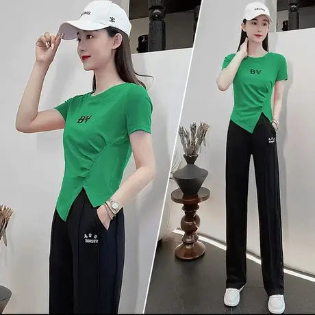 2023年夏季新款圆领不规则开叉百搭修身显瘦上衣绣花字母短袖T恤图片