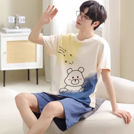 男士睡衣男款夏季纯棉夏款短袖青少年男生套装薄款文秀家居服夏天图片