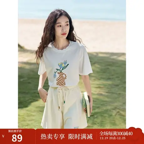 茵曼趣味百搭T恤2023夏季女装新款舒适纯棉修身显瘦圆领短袖上衣商品大图