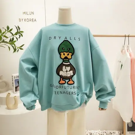 2022早春新款韩国东大门小众刺绣绿鸭子洋气宽松卫衣欧货大码显瘦商品大图