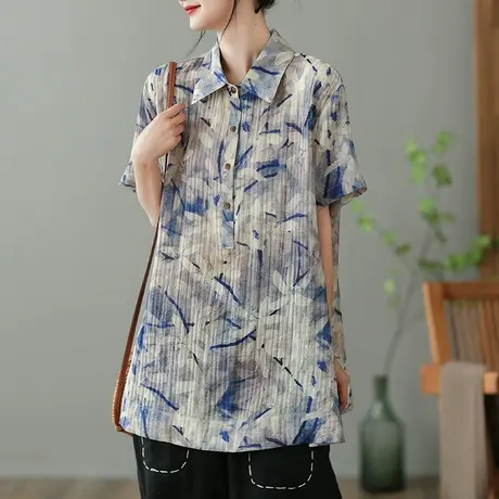 dza 复古印花女士短袖衬衫2023夏季薄款休闲衬衣宽松百搭套头上衣图片